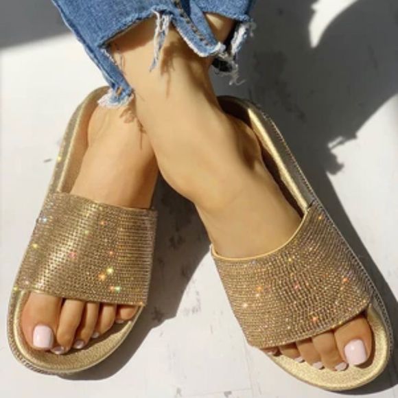 Gold Rhinestones Open Toe Sandals Casual Slides Slippers Beach Platform Shoes - Picture 1 of 5